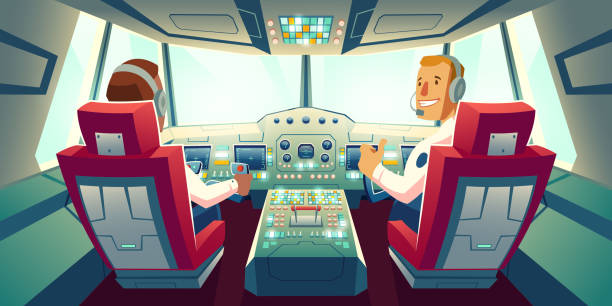 Pilots in jet cockpit, capitain and co-pilot plane Pilots in jet cockpit, capitain and co-pilot sitting in airplane cabin with flight deck dashboard and navigation monitors holding helm watch on control panel, plane flight. Cartoon vector illustration pilot stock illustrations