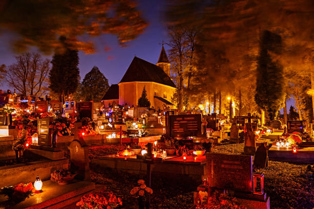 Traditional candles on cemetery at All Saints' Day in Slovakia