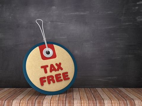 TAX FREE Circular Price Tag on Chalkboard Background - 3D Rendering