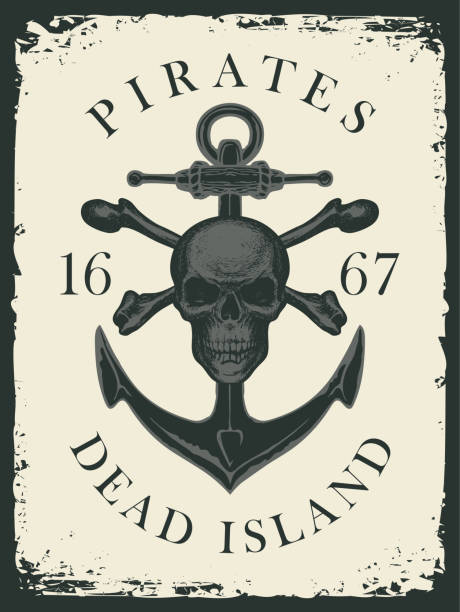 retro pirate banner with skull, bones and anchor Pirate skull, crossbones, anchor and the words Pirates Dead Island. Jolly Roger. Vector hand-drawn banner on the theme of travel, adventure and discovery. Nautical vintage design anchor free pic stock illustrations