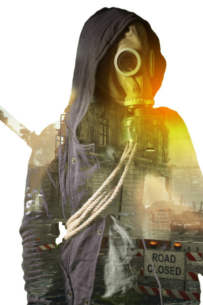 post apocalypse and gas mask , double exposure