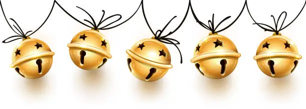 Vector illustration of Christmas holiday decoration garland of golden jingle bells. Vector illustration.