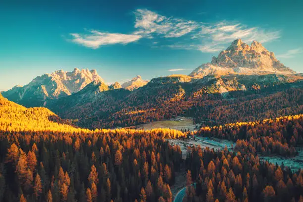 Photo of Aerial view of Lago Antorno, Dolomites, Lake mountain landscape with Alps peak , Misurina, Cortina d'Ampezzo, Italy