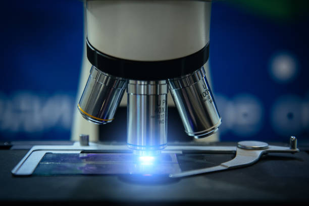 istock Scientific or medical test sample under light microscope in laboratory, close up 1181403089