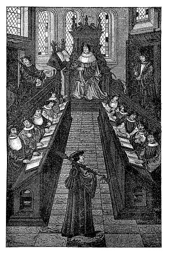 Illustration of a meeting of the teachers of the Paris University
