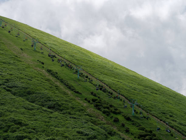 Cinder cone mountain covered with green annual plant against clouds background. Chairlifts carrying tourists to the summit. It is a natural monument in Izu, Shizuoka, Japan.