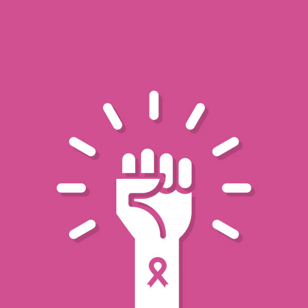 ピンクのリボンで拳を上げます。乳がんの認知度。ベクトルイラスト、フラットデザイン - breast cancer breast cancer awareness ribbon social awareness symbol human hand点のイラスト素材／クリップアート素材／マンガ素材／アイコン素材