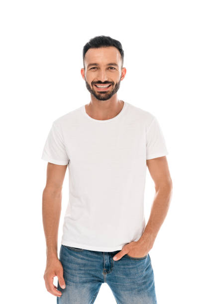 istock happy bearded man standing with hand in pocket isolated on white 1181403780