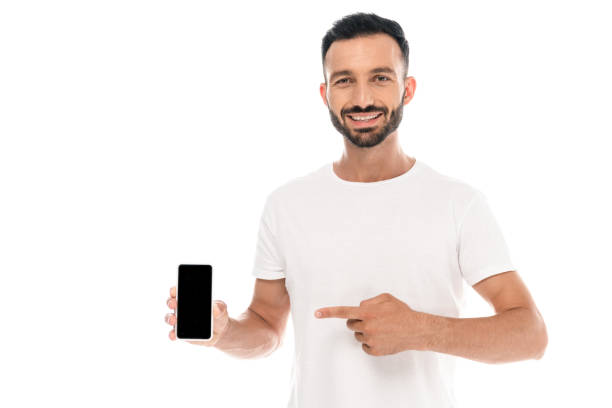 istock happy man pointing with finger at smartphone with blank screen isolated on white 1181403866