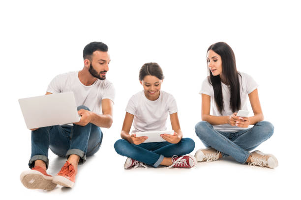 parents looking at daughter using gadget isolated on white