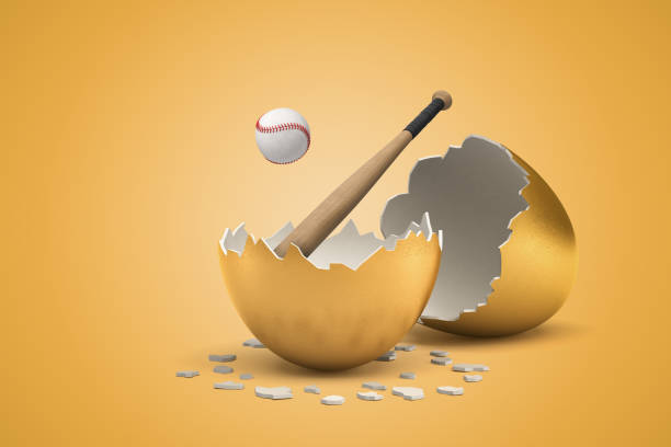 istock 3d rendering of baseball and bat that just hatched out from golden egg. 1181407048