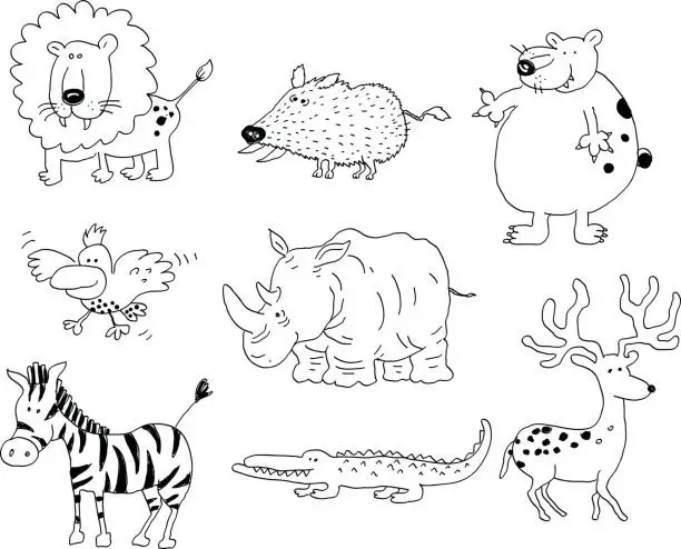 Vector illustration of Wild animals doodles