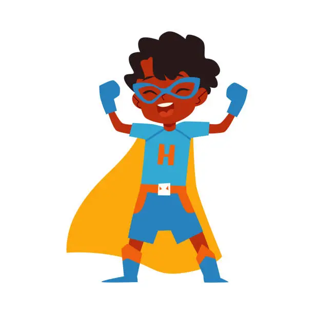Vector illustration of African kid little boy superhero costume standing raised arms cartoon style