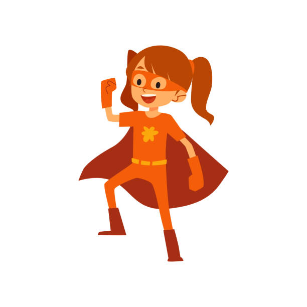Kid Girl In Orange Superhero Costume Standing Raised One Arm Cartoon Style  Stock Illustration - Download Image Now - iStock