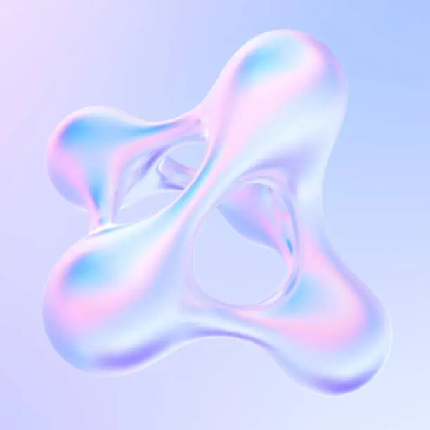 Splash of holographic liquid metal. Abstract 3d pearlescent gradient drops fluid shape. 3d rendering.