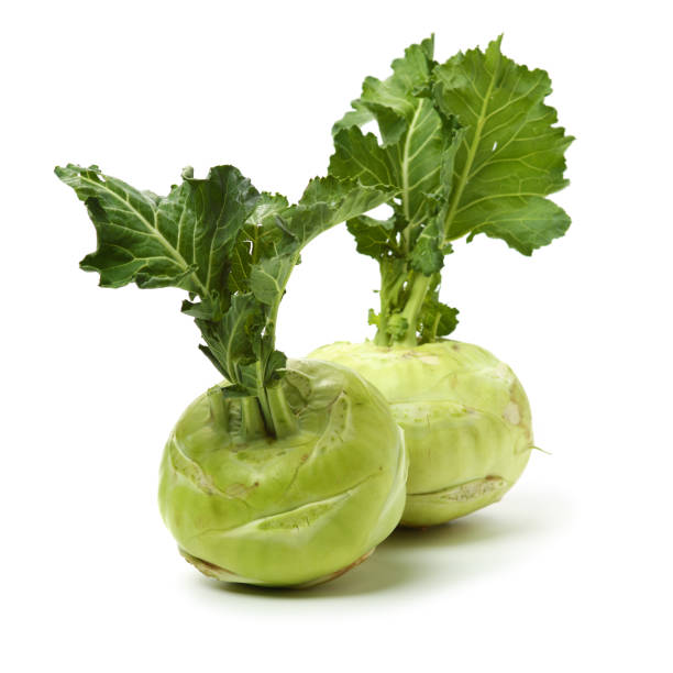 kohlrabi fresco con hojas verdes - kohlrabi turnip kohlrabies cabbage fotografías e imágenes de stock