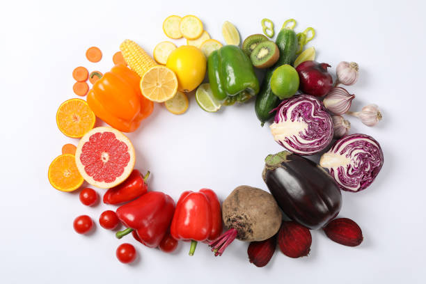 istock Flat lay with different vegetables and fruits on white background, copy space 1181410072