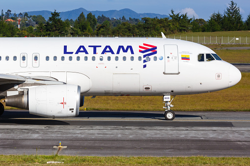 Medellin, Colombia – January 26, 2019: LATAM Airbus A320 airplane at Medellin Rionegro airport (MDE) in Colombia.