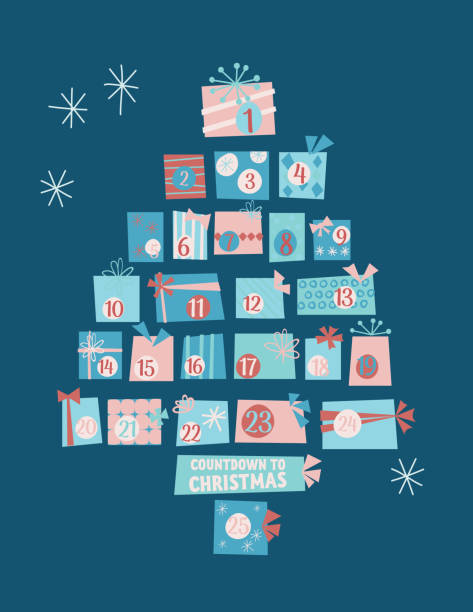 симпатичные ретро рождественские подарки адвент календарь дерево - advent calendar advent christmas tree christmas stock illustrations