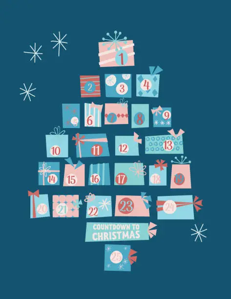 Vector illustration of Cute Retro Christmas Gifts Advent Calendar Tree