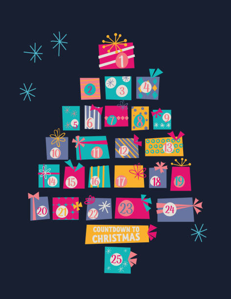 illustrations, cliparts, dessins animés et icônes de arbre mignon de calendrier de cadeaux rétro de noel - advent calendar advent christmas tree christmas