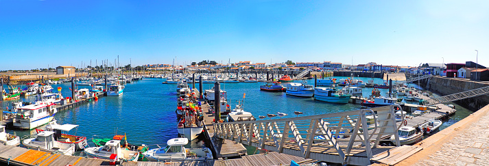 panoramic view of the harbor of L'Herbaudière on the island of Noirmoutier, in the west of France, on the Atlantic coast.