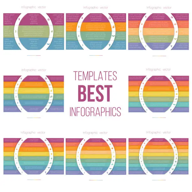 Vector illustration of Templates Infographic 3,4,5,6,7,8,9,10 Position.  Colorful Semicircles and White Strips for Text Area. Business Area Chart Diagram Data. Vector