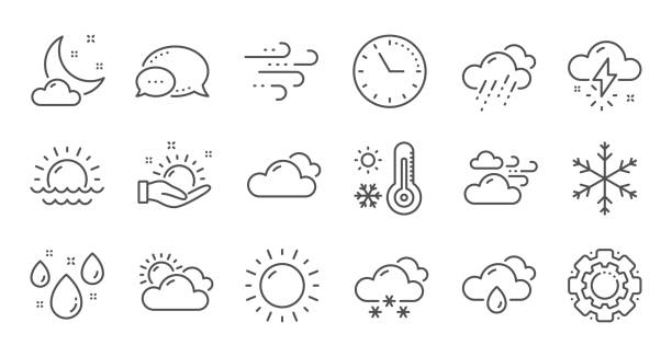 ilustraciones, imágenes clip art, dibujos animados e iconos de stock de iconos de línea de tiempo y pronóstico. cielo nublado, copo de nieve de invierno y termómetro. conjunto lineal. vector - air quality