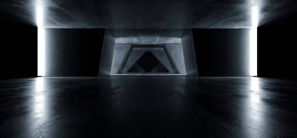 istock Dark Concrete Grunge Underground Garage Reflections Hall Car Triangle Gate Glow Empty Futuristic Sci Fi Huge Big 3D Rendering 1181418578
