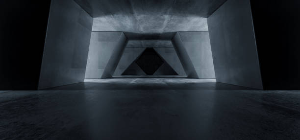 Dark Concrete Grunge Underground Garage Reflections Hall Car Triangle Gate Glow Empty Futuristic Sci Fi Huge Big 3D Rendering