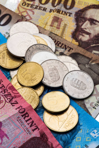 istock Hungary Forint banknotes with coins on white background 1181418716