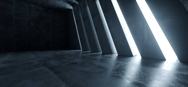 big dark hall garage tunnel corridor car empty studio contexte fond de terre-feu blanc windows light glow cement asphalt concrete grunge dark tall 3d rendering - futuristic indoors inside of abstract photos et images de collection