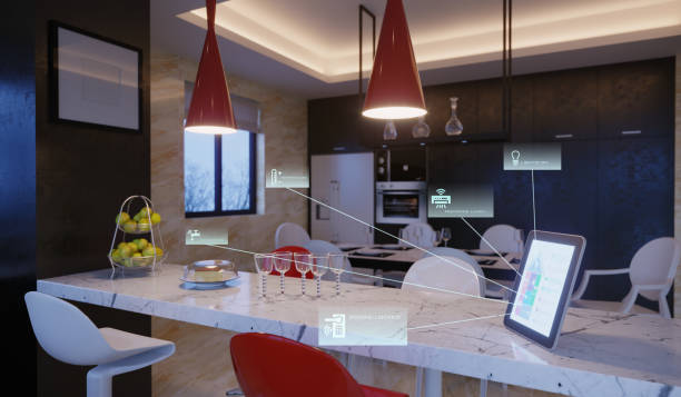 controllo della casa intelligente in cucina - domotica foto e immagini stock