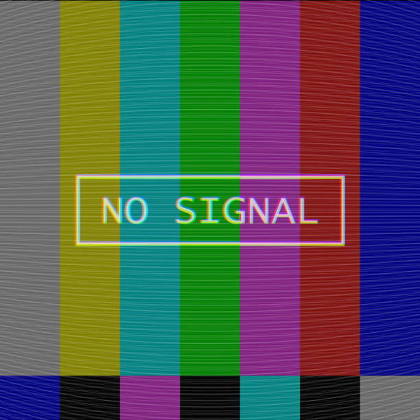 istock Vector glitch background with tv noise texture. Distorted tv transmission screen, noisy SMPTE color bars. Television screen test pattern with No signal label. Moire interference in air 1181423443