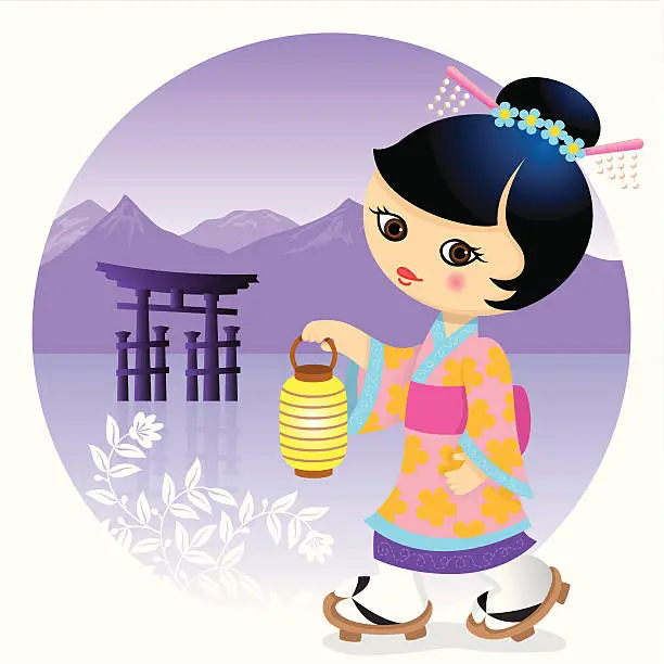 Vector illustration of Japanese kimono girl