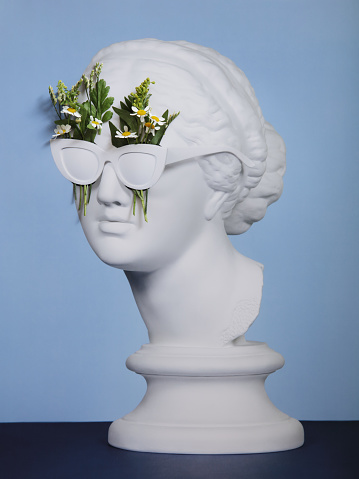 Analog collage with plaster head model (mass produced replica of Head of Aphrodite of Knidos) and plants