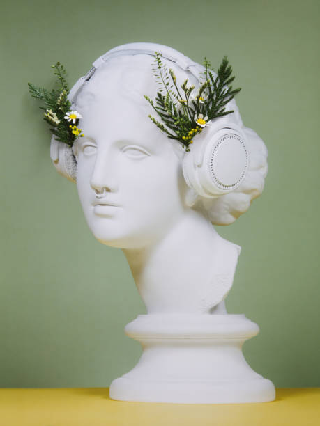 floral collage with greek goddess wearing headphones - classical greek audio imagens e fotografias de stock