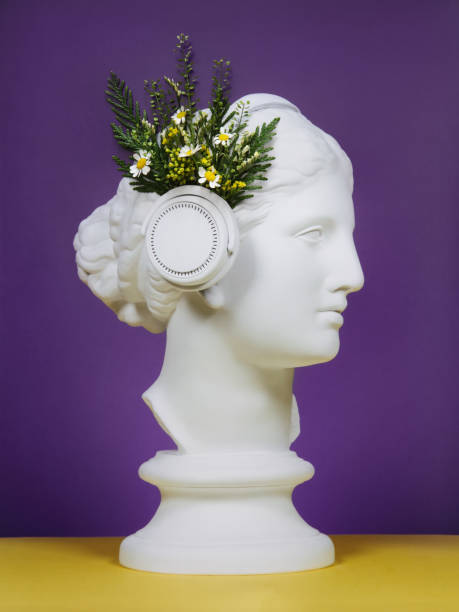 floral collage with greek goddess wearing headphones - classical greek audio imagens e fotografias de stock