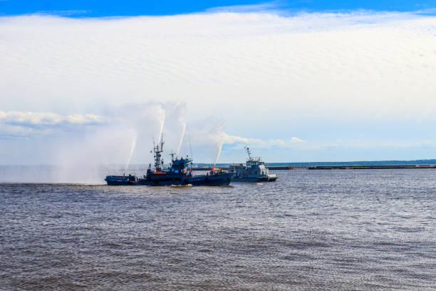 istock Extinguishing a burning ship during naval exercises 1181424782