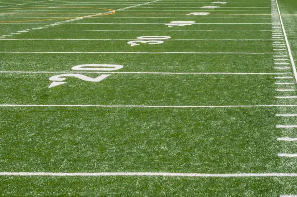 Photo of perspective view of marker lines down empty football field
