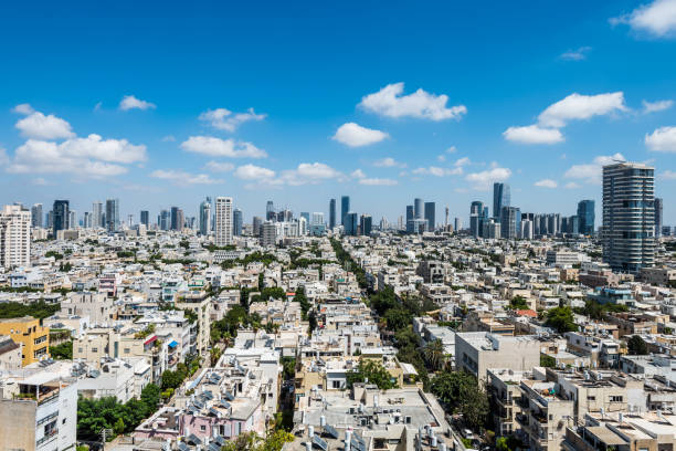 Aerial view of Tel Aviv City with modern skylines against the blue sky in the downtown of Tel Aviv, Israel. stock photo