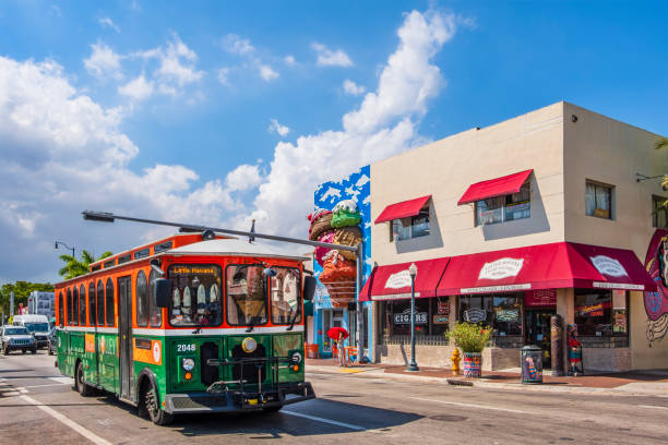 Florida (US) - Miami, Little Havana - Calle Ocho Calle Ocho (8th Street) is the main street and the beating heart of Little Havana, one of the most famous neighborhoods of Miami, Florida. trolley bus stock pictures, royalty-free photos & images