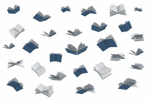 Books flying around, isolated on white background.
