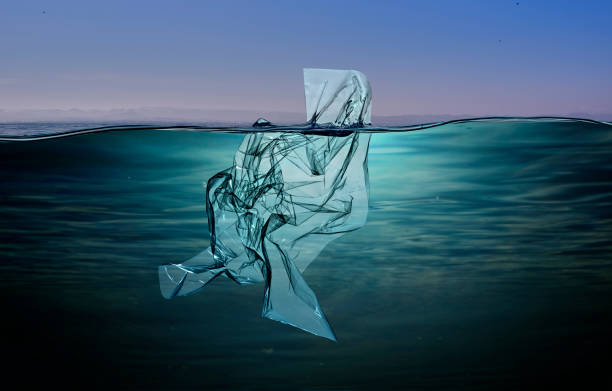 istock garbage plastic floating in ocean with greenland background. 1181431750