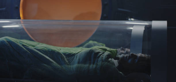 Astronauts sleeping in glass capsules