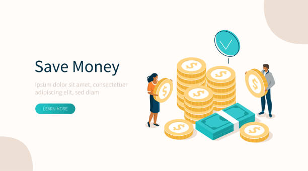 money People Characters Standing near Gold Coins Stack and Banknotes Bundle. Woman and Man Holding Dollar Coins. Saving Money or Cash Back Concept. Flat Isometric Vector Illustration. bundle illustrations stock illustrations