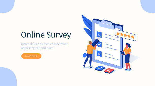 survey People Characters Filling Test in Customer Survey Form. Woman and Man putting Check Mark on Checklist. Customer Experiences and Satisfaction Concept. Flat Isometric Vector Illustration. questionnaire stock illustrations