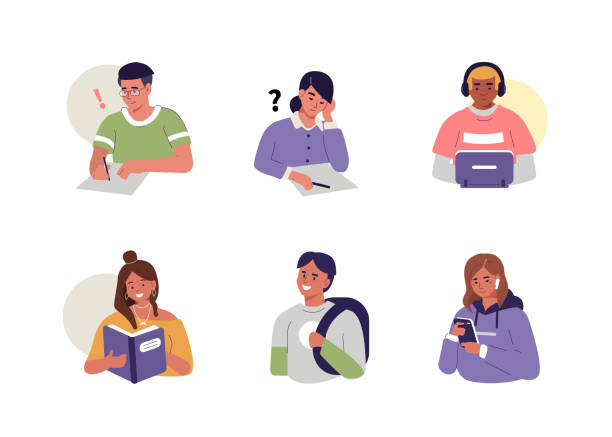 students Young People Sitting at Table, Reading Books and Studying. Student Boys and Girls Using Gadgets and Chatting on Smartphone. Female and Male Characters collection. Flat Cartoon Vector Illustration. studying illustrations stock illustrations