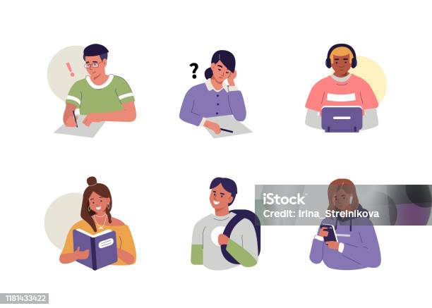 Students Stock Illustration - Download Image Now - Student, Writing - Activity, Teenager