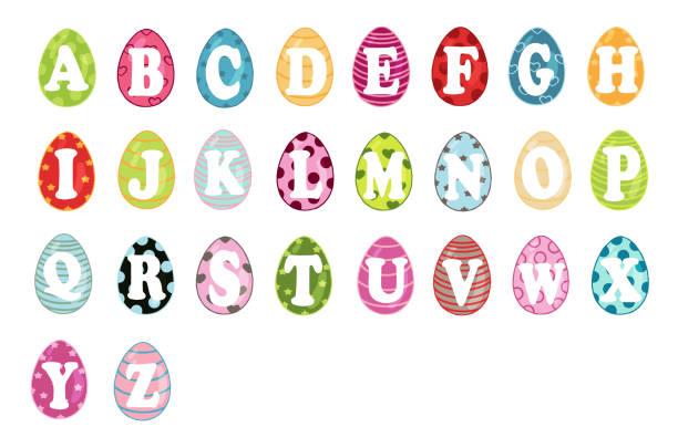 ostereier alphabet gesetzt - breakfast easter yellow easter egg stock-grafiken, -clipart, -cartoons und -symbole